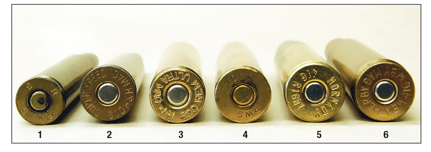 Common case base sizes in ascending order: (1) 30-06, (2) 300 H&H Magnum, (3) 300 RUM, (4) 404 Jeffery, (5) 416 Rigby and (6) 416 Weatherby Magnum.